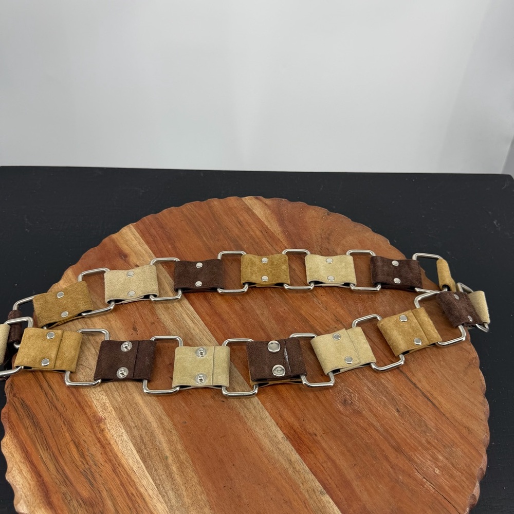 Vintage Suede Leather Hippie Boho Chic Belt Square Links Snaps Rivets fits 34-38